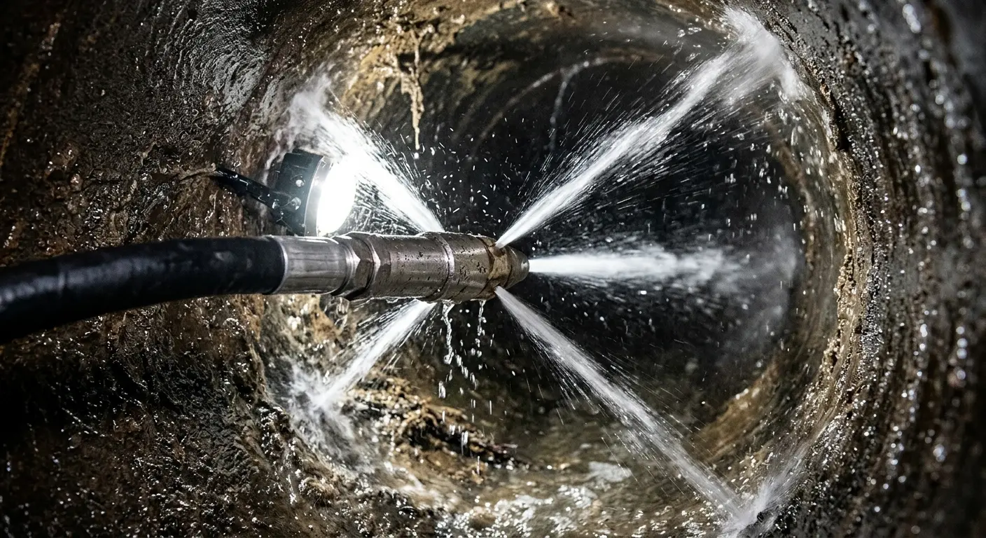 High-pressure hydro jetting nozzle cleaning sewer pipe for Emergency Drain Service in Lake Jackson