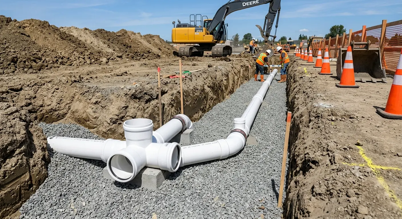 New PVC sewer pipe installation in open trench for Sewer Backup in Lake Jackson