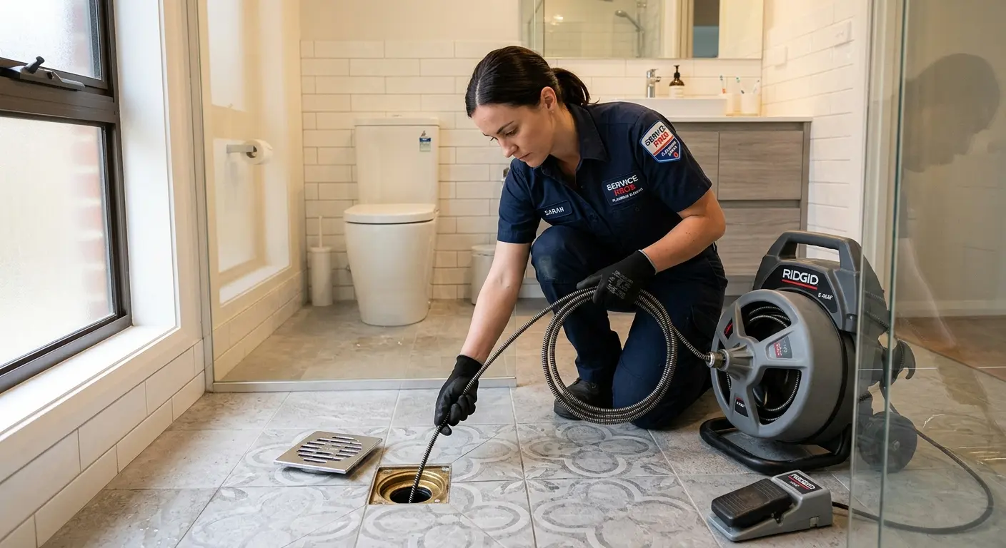 Technician clearing a bathroom floor drain for Sewer Line Replacement in Lake Jackson